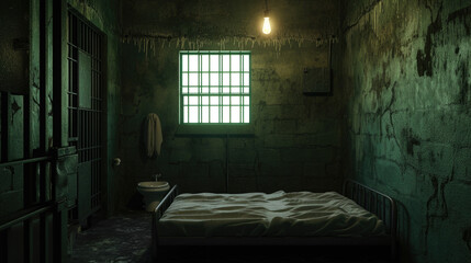Gloomy Prison Cell with a Single Bed and Window