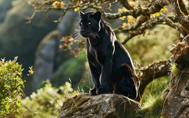 Tuinposter black panther perched on a rock © sitifatimah