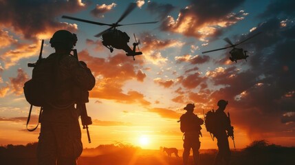 Silhouette of Soldiers with Helicopters at Sunset - obrazy, fototapety, plakaty