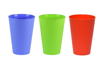 A set of plastic colored glasses. Tableware for a picnic. Isolate on a white background.