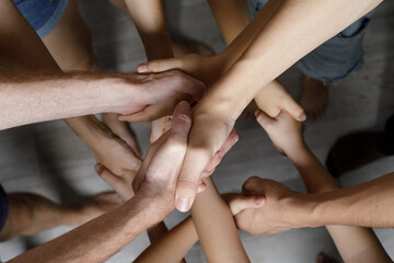 Many human hand close up. Success, partnership, team and friendship concept