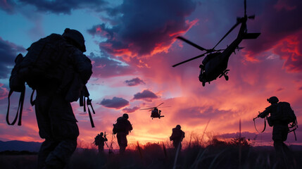 Fototapeta na wymiar Silhouette of Soldiers with Helicopters at Sunset