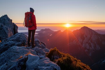 Adventurer at Sunrise on Mountain Summit Overlooking the Horizon
