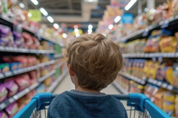 Child in Grocery Cart Aisle Looking Away