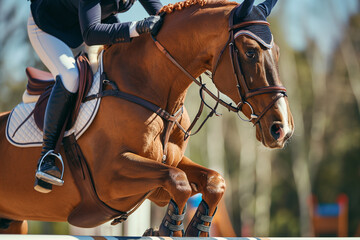 Close-Up of Horse and Rider in Equestrian Sport - obrazy, fototapety, plakaty