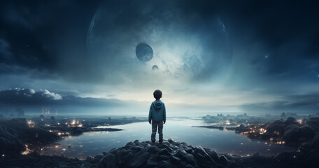 Illustragion of beautiful scenery showing the young boy girl among glowing planets and star in the night sky, dreaming or hope concept - obrazy, fototapety, plakaty