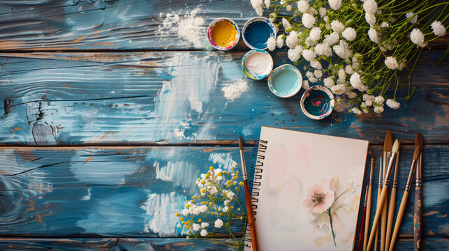A creative artists flat lay featuring watercolor paints paintbrushes a sketchbook and fresh flowers arranged on a rustic wooden table.
