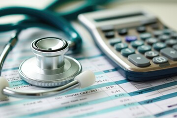 Healthcare Costs Concept with Stethoscope and Calculator on Financial Documents