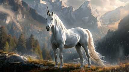 Obraz na płótnie Canvas Colorful unicorn sitting in the mountains,