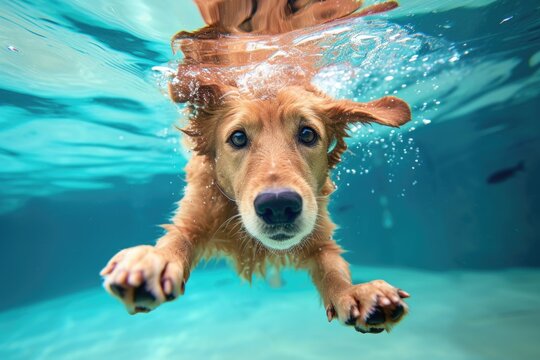 Underwater View of a Golden Retriever Swimming Towards the Camera