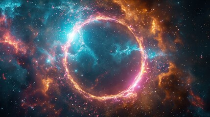 Cosmic display of glowing neon starlight and particles arranged in a captivating circle. 