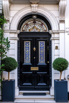An entrance door of a London victorian house. Background image. Created with Generative AI technology