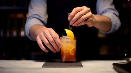 Barman is decorating a cocktail, close-up on hands