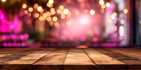 Empty wooden table in front of abstract blurred pink light background for product display in a coffee shop, local market or bar - obrazy, fototapety, plakaty