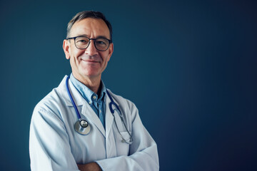 Fototapeta premium Experienced Male Doctor in Glasses with Stethoscope Over Dark Background