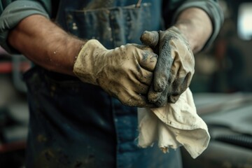 Hardworking Mechanic: Grubby Hands with a Clean Cloth - obrazy, fototapety, plakaty