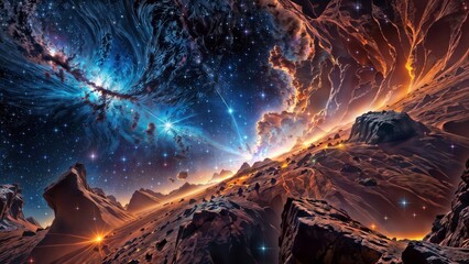 Obraz premium Jagged peaks pierce a luminous nebula, stars twinkling like cosmic dust.