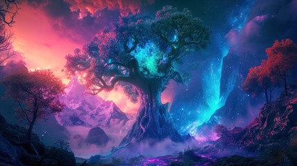 Vibrant and colorful the Norse Mythology tree of life, in a fantastical world.