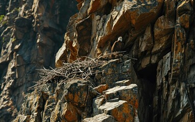 Shot of an eagle nesting site high in the craggy cliffs