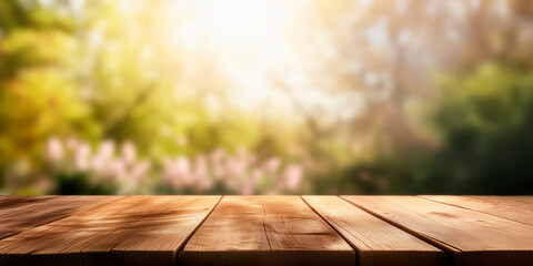 Empty wooden table in front of abstract blurred spring flowers background for product display in a coffee shop, local market or bar - obrazy, fototapety, plakaty