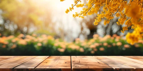 Foto op Canvas Empty wooden table in front spring mimosa flowers blurred background banner  for product display in a coffee shop, local market or bar © KEA
