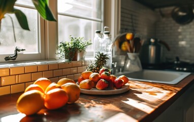 Simple kitchen with fresh fruits encouraging a healthfocused morning routine