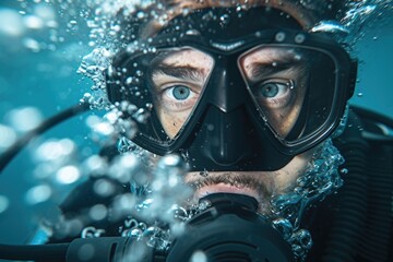 Scuba Diver's Intense Gaze: Underwater Adventure in Blue Waters