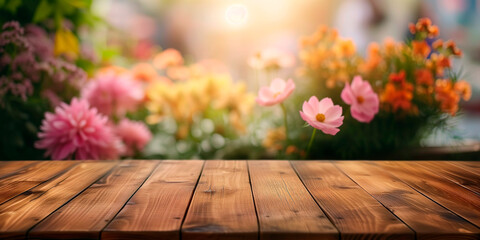 Empty wooden table in front of abstract blurred garden flowers  banner background for product display in a coffee shop, local market or bar