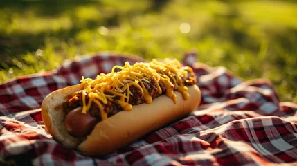 Foto auf Acrylglas Loaded chili cheese hot dog on a picnic blanket © sitifatimah