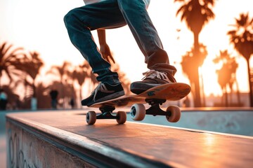 Skateboarder Performing Tricks at Sunset in a Skate Park