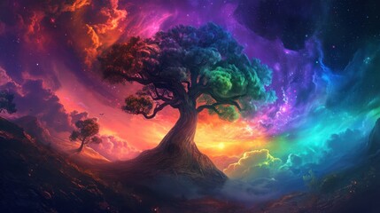 Vibrant and colorful the Norse Mythology tree of life, in a fantastical world.