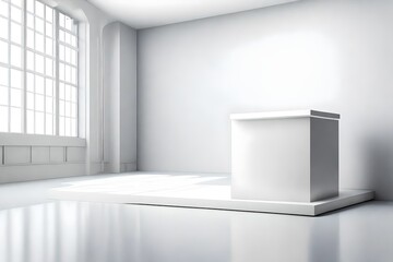empty room with white wall ,window and podium