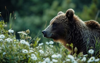grizzly bear fur blending seamlessly with the surrounding flora