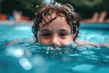 Close-Up of Child's Face in Pool, Water Droplets on Eyelashes