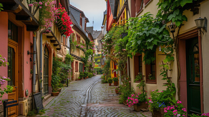 An ancient cobblestone street in a European town lined with historic buildings and flowering plants.
