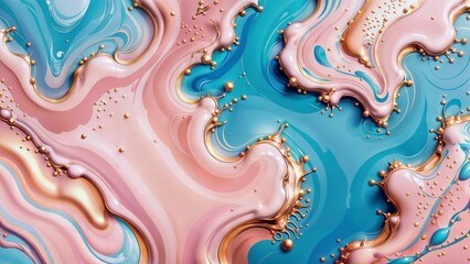 Abstract alchemy: pink, teal, and gold collide, splashes whispering stories untold.