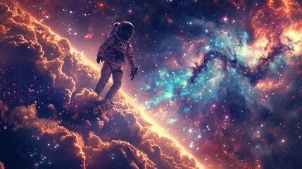 Сosmos with a sci-fi spaceman navigating a celestial paradise. 
