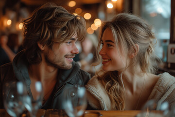 Couple Sharing Excitement Across the Restaurant Table
