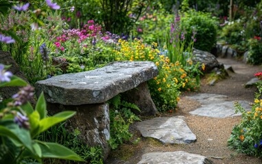 Fototapeta na wymiar Stone bench nestled in a serene garden surrounded by blooming flowers