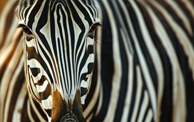 Close up shot of a zebra displaying a unique pattern of stripes