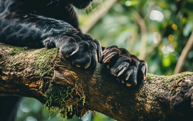 black panther sharp claws gripping onto a tree branch