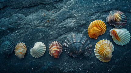 An artistic arrangement of seashells on a smooth dark stone surface creating a contrast of textures and colors.