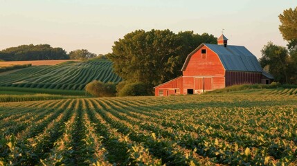 Shot of a barn surrounded by fields of crops - obrazy, fototapety, plakaty