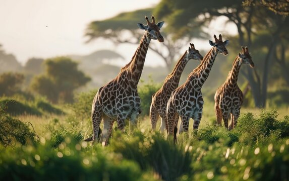 giraffes navigating through a sea of grass