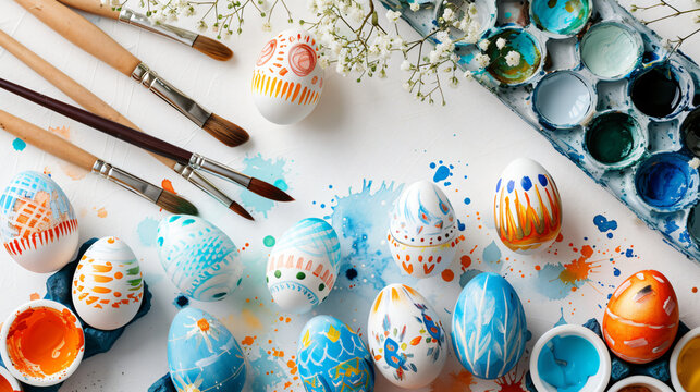 An artistic flat lay featuring decorated Easter eggs watercolor paints and paintbrushes on a white canvas background.