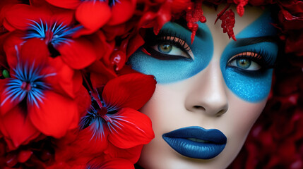 Potrait of a Woman's face with Blue and Red Makeup