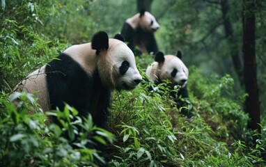 Panda gentle demeanor interacting with fellow pandas