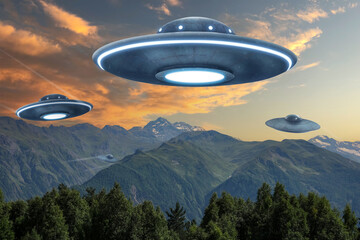 UFO. Alien spaceships flying over mountains. Extraterrestrial visitors