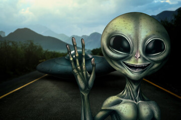 Fototapeta premium Alien and flying saucer on asphalt highway outdoors. Extraterrestrial visitors