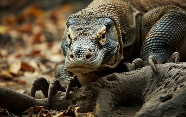 Obraz premium Komodo dragon claws gripping onto a tree root
